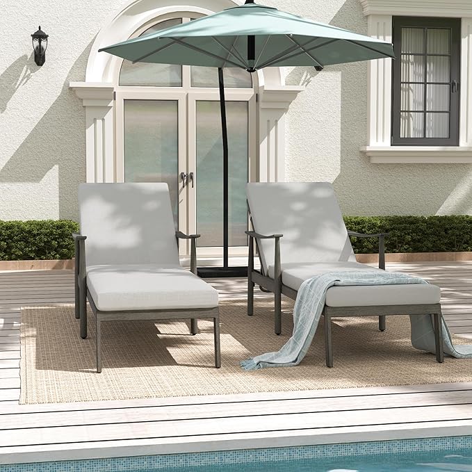 Outdoor Lounge Chairs with Armrest, 2 PCS Patio Aluminum Chaise Lounge Set Outdoor, Adjustable Backrest with Rope Design, Patio Recliner Chairs Cushions for Lawn Pool Beach (Grey)