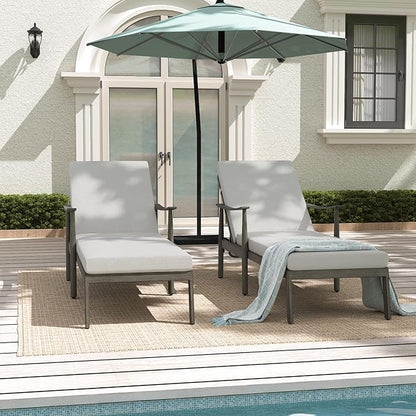Outdoor Lounge Chairs with Armrest, 2 PCS Patio Aluminum Chaise Lounge Set Outdoor, Adjustable Backrest with Rope Design, Patio Recliner Chairs Cushions for Lawn Pool Beach (Grey)