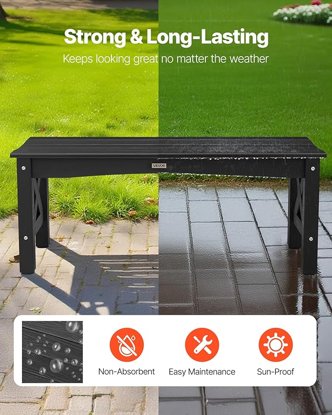 VEVOR Outdoor Bench, 44.5 inch, 600 lbs Weight Capacity, Weatherproof Plastic Frame with Adjustable Level Footpads and Thick Leg, Outside Bench for Patio, Garden, Park, Yard, Front Porch, Black