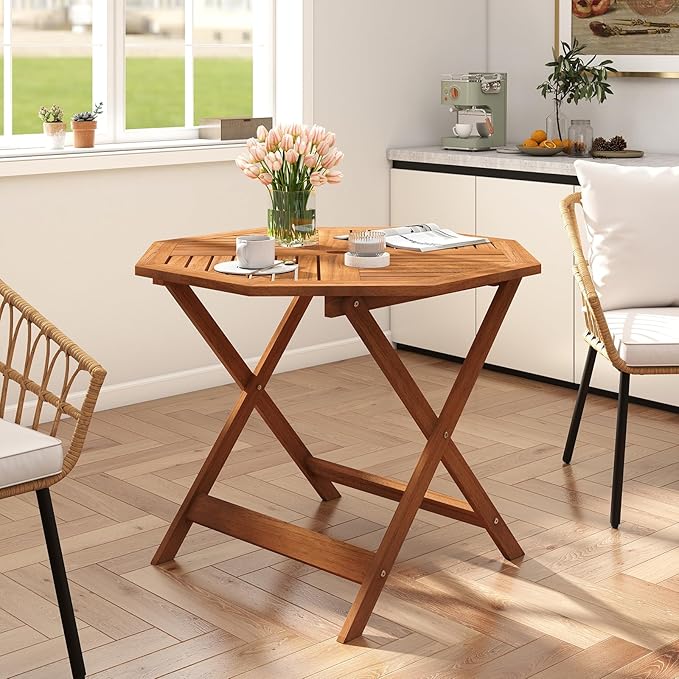 Tangkula 35.5" Octagonal Patio Dining Table, Hardwood Outdoor Bistro Table with Slatted Tabletop, 1.97" Umbrella Hole & Teak Oil Finish, Outside Table for Porch Balcony Deck Poolside Yard