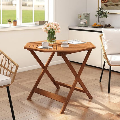 Tangkula 35.5" Octagonal Patio Dining Table, Hardwood Outdoor Bistro Table with Slatted Tabletop, 1.97" Umbrella Hole & Teak Oil Finish, Outside Table for Porch Balcony Deck Poolside Yard