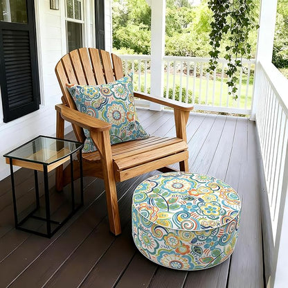 LVTXIII Outdoor/Indoor Inflatable Stool Ottoman, All Weather Patio Footrest Pouf, Portable Round Ottoman for Patio Garden, Camping or Home, D21xH9 Inches, Flower Blue