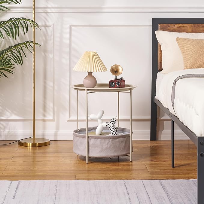 VECELO Round Side/End Table with Fabric Storage Basket，Metal Anti-Rust and Waterproof Small Bedside Nightstand with - Photo 6