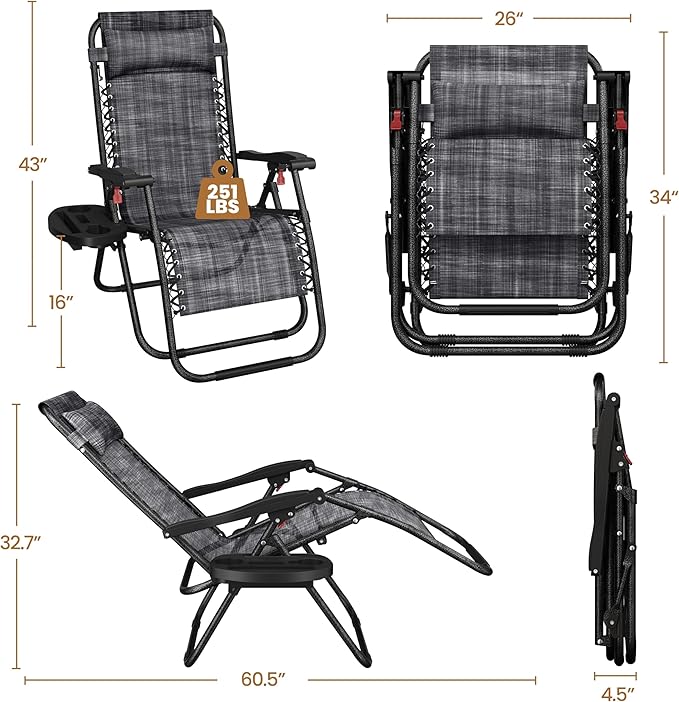 Yaheetech Zero Gravity Recliners Outdoor Adjustable Folding Reclining Lounge Chairs w/Pillows - Photo 3