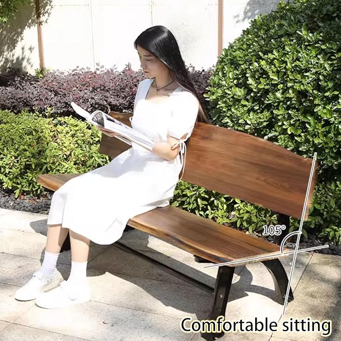 Outdoor Garden Bench, Metal Bench, Patio Wood Bench Park with Backrest, Bench Chair, for Patio Lawn Balcony Yard Porch(Natural,59x20.4x29.1in)