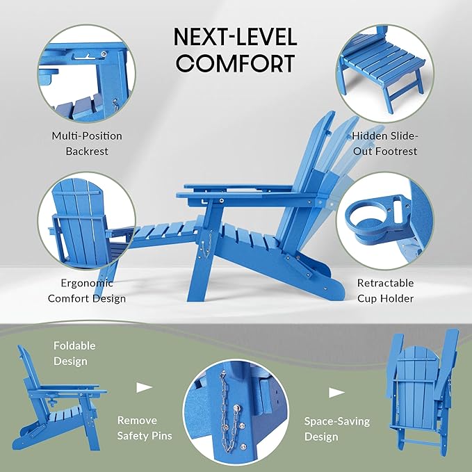WestinTrends Malibu Folding Adjustable Adirondack Chair with Retractable Ottoman and Cup Holder, Pacific Blue