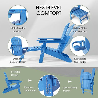 WestinTrends Malibu Folding Adjustable Adirondack Chair with Retractable Ottoman and Cup Holder (Set of 2), Pacific Blue