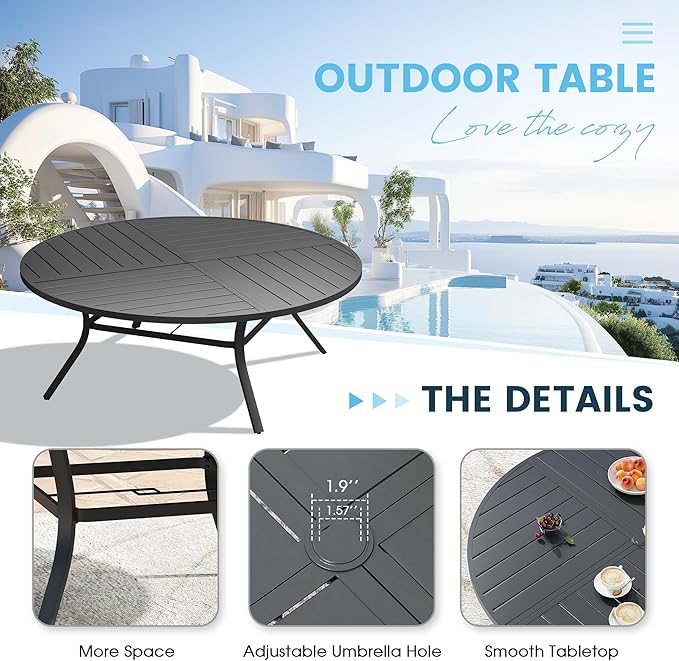 Patio Dining Table for 8-10, Round Metal Outdoor Table with Storage Shelf, 1.57" Umbrella Hole, 63" Outdoor Quartered Tabletop Dining Table for Backyard, Porch, Lawn, Black