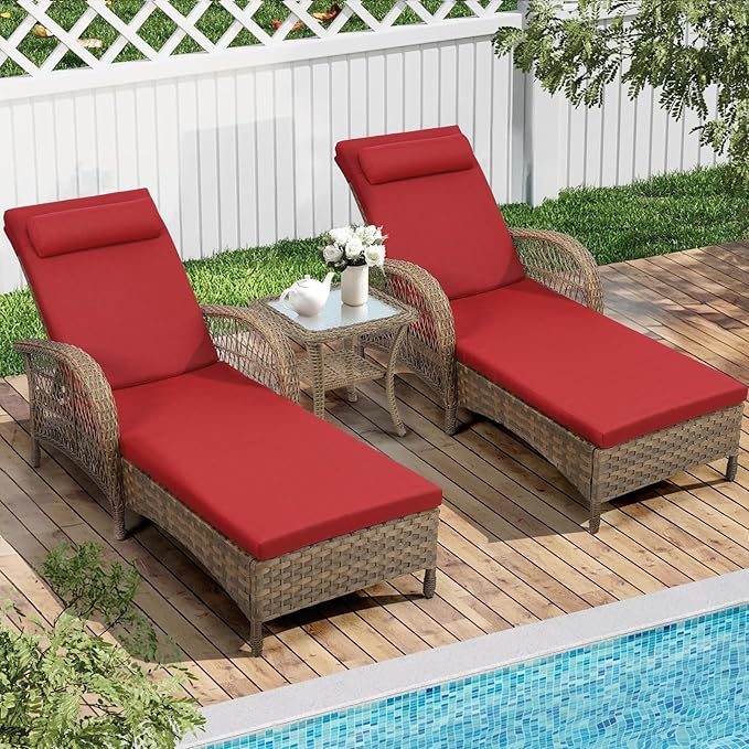 3 Piece Patio Chaise Lounge Set, Outdoor Patio Furniture Modern Lounge Chairs Set of 2 with Side Table & 6-Position Adjustable Backrest, Durable PE Wicker, Weather Resistant Cushions, Red