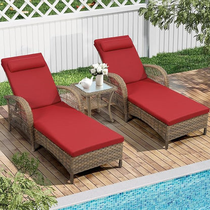 3 Piece Patio Chaise Lounge Set, Outdoor Patio Furniture Modern Lounge Chairs Set of 2 with Side Table & 6-Position Adjustable Backrest, Durable PE Wicker, Weather Resistant Cushions, Red