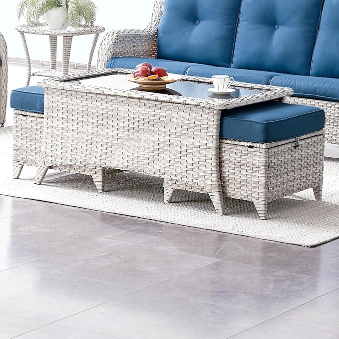 Wicker Outdoor Coffee Table - 46 Inch Tempered Glass Top Patio Coffee Table Can Storage 2 Ottomans, Rattan Outdoor Table Rectangle for Patio for Porch, Balcony, Deck and Garden - Light Gray