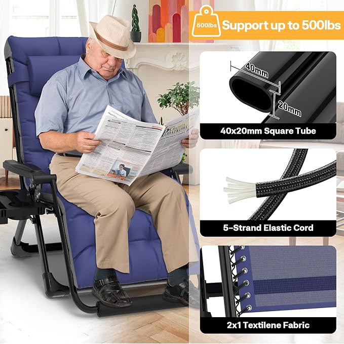 Slendor Zero Gravity Chair Oversized, 33In XXL Reclining Lounge Chair with Removable Cushion, Cup Tray, Footrest, Folding Reclining Camping Patio Recliner Chair w/Upgraded Lock,Blue
