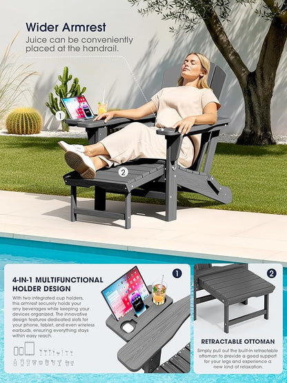KINGYES Adjustable Folding Adirondack Chair with Footrest & 4-in-1 Multi-Functional Armrest Organizer Set of 4, HDPE Foldable Recliner Adirondack Chair with Pull-Out Ottoman, Grey