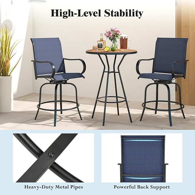 Tangkula Outdoor Swivel Bar Stools Set of 2, Bar Height Tall Patio Chairs with Armrests & High Back - Photo 8