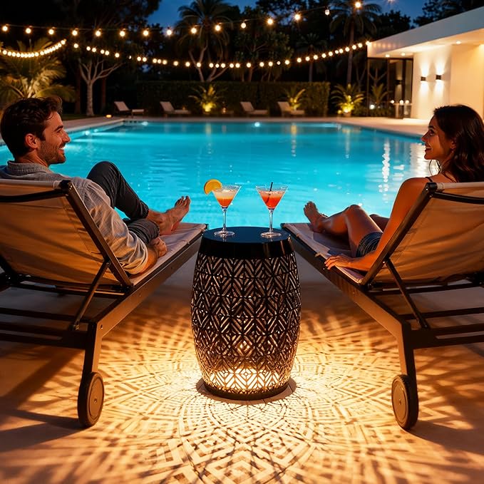 18" Cutout Metal Outdoor Side Table with 3-Mode LED Lights, Modern Decorative Drum End Table - Photo 5