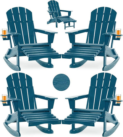 Folding Adirondack Rocking Chair Set of 4,4-in-1 Multifunctional Patio Chairs with Retractable Ottoman, Outdoor Chairs Wood Texture, Lawn Chair for Porch, Backyard, Pool(Navy Blue)