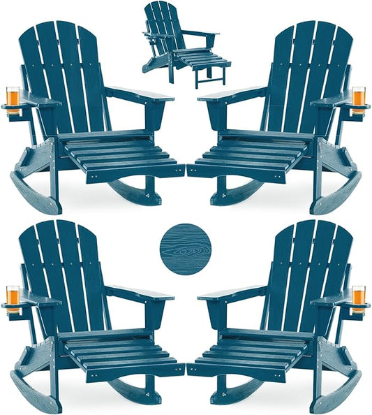 Folding Adirondack Rocking Chair Set of 4,4-in-1 Multifunctional Patio Chairs with Retractable Ottoman, Outdoor Chairs Wood Texture, Lawn Chair for Porch, Backyard, Pool(Navy Blue)