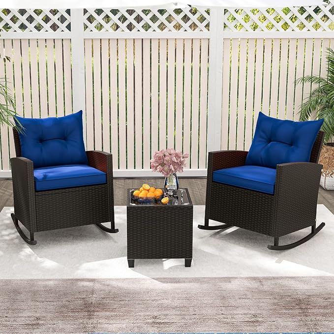 Tangkula 3 Piece Wicker Rocking Set, Patio Rattan Roker Chairs with Tempered Glass Table & Soft Cushions - Photo 2