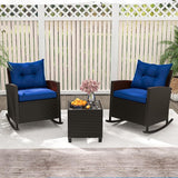 Tangkula 3 Piece Wicker Rocking Set, Patio Rattan Roker Chairs with Tempered Glass Table & Soft Cushions - Photo 2