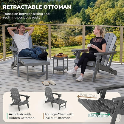 BRIOPAWS Adirondack-Chairs-with-Pull-Out-Footrest | Set of 6 | Folding | HDPE Plastic | Fire Pit Chair | All Weather | Cup Holders | Curved Back | Retractable Ottoman | for Poolside Deck | Grey