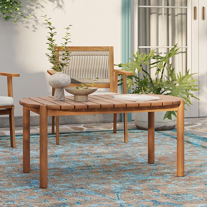 LuxenHome Outdoor Coffee Table, 39 Inch Natural Solid Wood Oval Coffee Tables, Long Patio Table Outdoor Furniture for Garden Backyard Porch Balcony & Deck