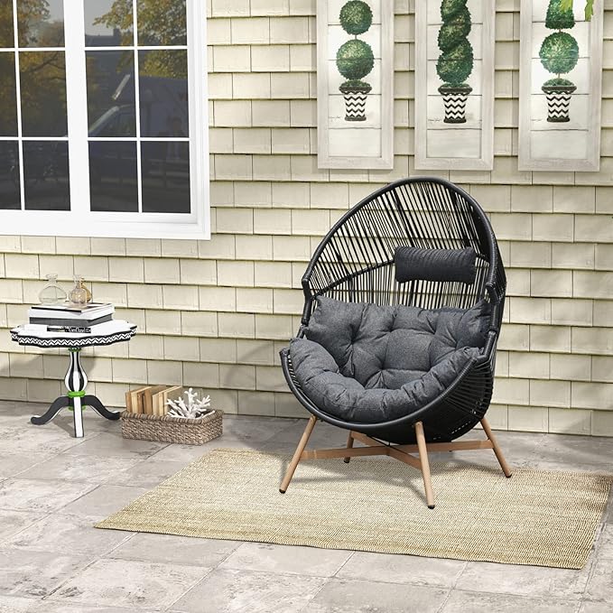 Grand patio Outdoor & Indoor Egg Chair 2PC, PE Wicker Open Weave Wood Grain Finish Oversized Egg Cocoon Chairs with Stand Lounge Chair Comfortable for Front Porch, Living Room, Bedroom (Dark Grey 2PC)