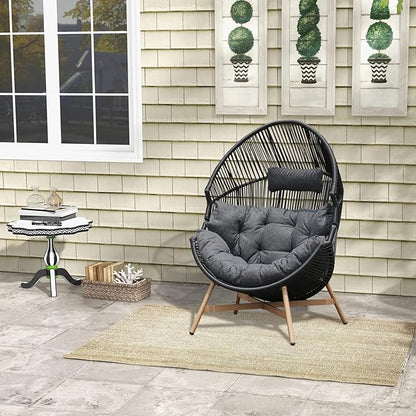 Grand patio Outdoor & Indoor Egg Chair 2PC, PE Wicker Open Weave Wood Grain Finish Oversized Egg Cocoon Chairs with Stand Lounge Chair Comfortable for Front Porch, Living Room, Bedroom (Dark Grey 2PC)