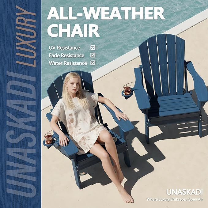 Folding Adirondack Chair Set of 2 with Cup Holder, HDPE All Weather Resistant Plastic Outdoor Patio Chairs, Heavy Duty Fire Pit Seating for Backyard Lawn Garden, Wooden Textured Design(Navy Blue)