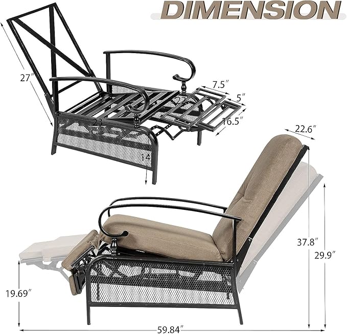 SUNCROWN Outdoor Adjustable Recliner Chair for Patio - A Relaxing Outdoor Metal Furniture Chair with Thick Cushion, Brown
