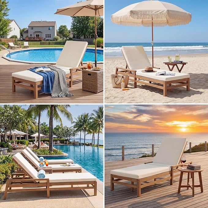 Outdoor Chaise Lounge Chair Set of 2, Patio Chaise Lounge Recliner with Adjustable Backrest, Acacia Wood Poolside Chaise Lounge with Thick All-Weather Cushions for Patio, Deck and Backyard(B)
