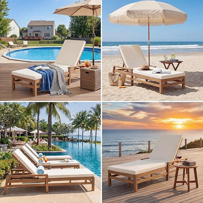 Outdoor Chaise Lounge Chair, Patio Chaise Lounge Recliner with Adjustable Backrest, Acacia Wood Poolside Chaise Lounge with Thick All-Weather Cushions for Patio, Deck and Backyard(B)