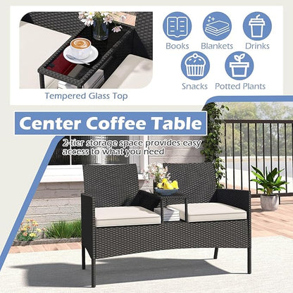 Tangkula Patio Loveseat with Built-in Table, Wicker 2-Seat Furniture with Soft Cushions & Tempered Glass Tabletop, Metal Frame Outdoor Conversation Seating Bench for Backyard, Porch