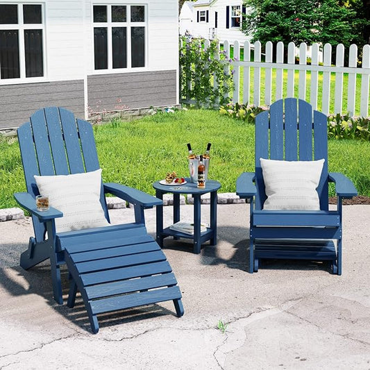 MXIMU Folding Adirondack Ottoman Set of 4: HIPS Plastic Outdoor Footrest Easy Assembly - All Weather Foot Stool Foot Rest for Adirondack Chair Use in Patio Garden Backyard Pool (Navy)