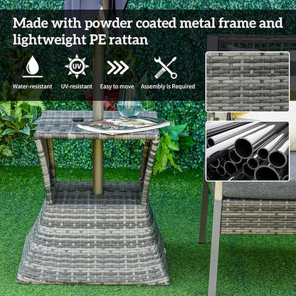 Outsunny Outdoor Side Table with Umbrella Hole, 2 Tier Rattan Wicker End Table with Storage Shelf, All Weather for Outdoor, Patio, Garden, Backyard, Mixed Gray
