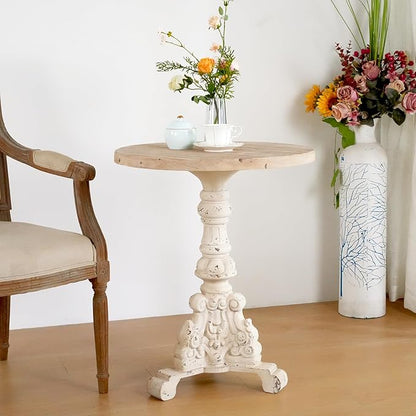 Patio Round Side Table Circle End Table Rustic Small Coffee Tables Drink Tables Antique Pedestal Tables Wood Top & MGO Base for Small Spaces Living Room Patio Antique White &Natural Wood