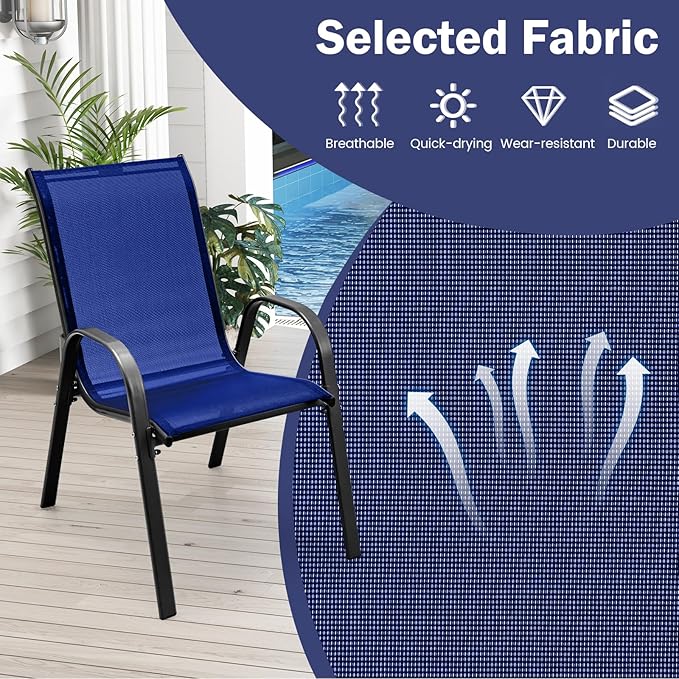 COSTWAY Patio Dining Chairs Set of 2, Stackable Outdoor Chairs with Armrest and High Back, Breathable Fabric & Metal Frame Chair for Garden Poolside Backyard Deck (Navy)