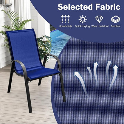 COSTWAY Patio Dining Chairs Set of 4, Stackable Outdoor Chairs with Armrest and High Back, Breathable Fabric & Metal Frame Chair for Garden Poolside Backyard Deck (Navy)