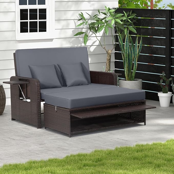 LDAILY Moccha Outdoor Daybed, Wicker Loveseat Sofa Set with 4-Postion Adjustable Backrest, Storage Ottoman, Cushions - Photo 1