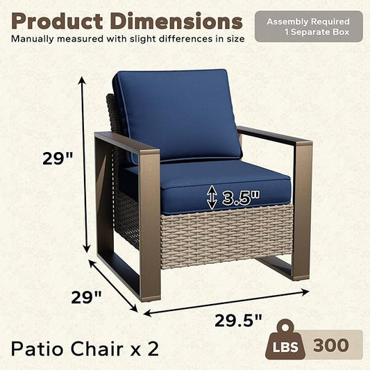 Patio Metal Wicker Chairs Set of 2, All Weather Outdoor Rattan Dining Chairs with Rectangular Framed Wood-Looking Armrest & Fade-Resistant Cushions for Deck Balcony Backyard, Dark Blue