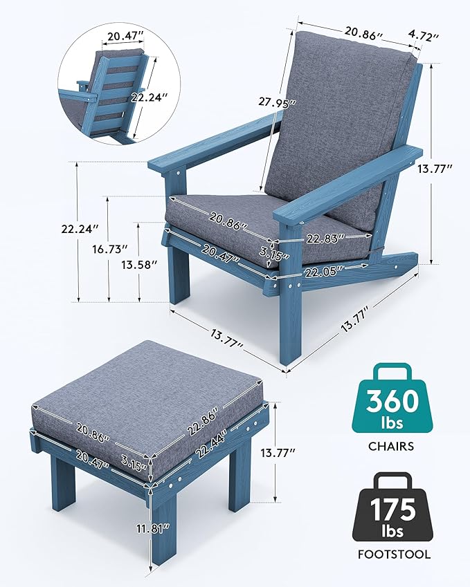 SERWALL Adirondack Chair Set of 2 with Cushion and Ottoman -All Weather HDPE Outdoor Adirondack Chair Set, Durable Adirondack Patio Chairs for Garden, Deck, or Poolside- Blue