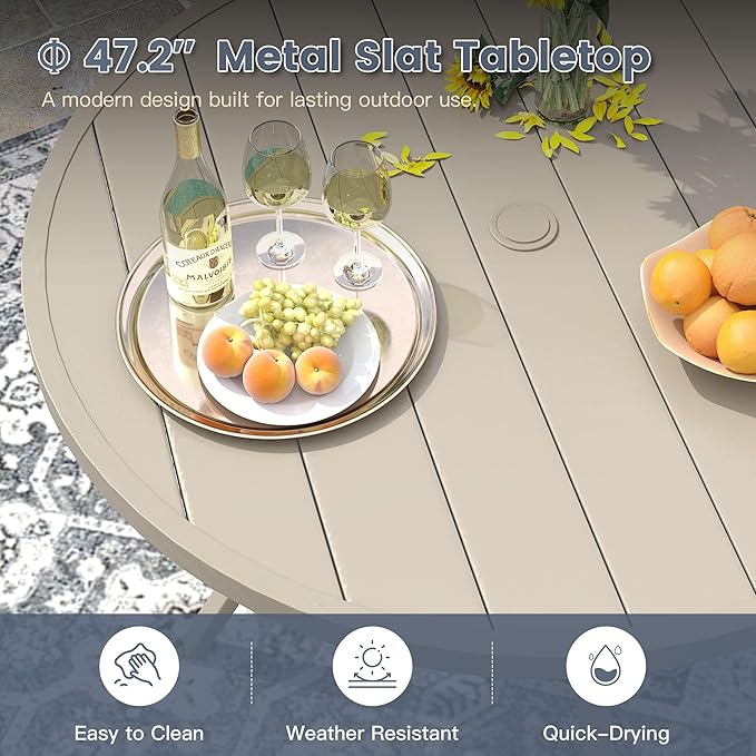 VICLLAX Round Patio Dining Table for 4-6, Outdoor Metal Dining Table with Umbrella Hole for Deck Lawn Garden Backyard, 47.2" Sandshell