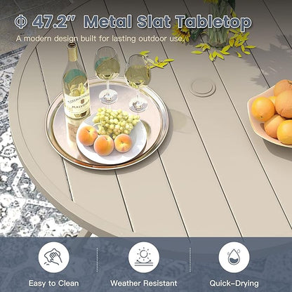 VICLLAX Round Patio Dining Table for 4-6, Outdoor Metal Dining Table with Umbrella Hole for Deck Lawn Garden Backyard, 47.2" Sandshell