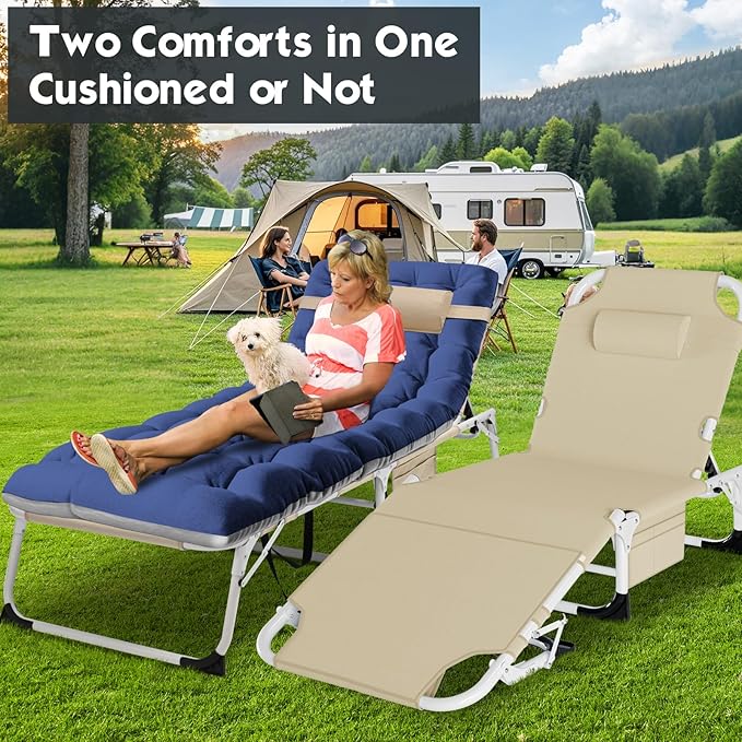 MOPHOTO Oversized Beach Lounge Chair, 5-Position Adjustable Tanning Chair with Face Hole, Heavy Duty Folding Chaise Lounge for Beach, Pool, Patio & Sunbathing