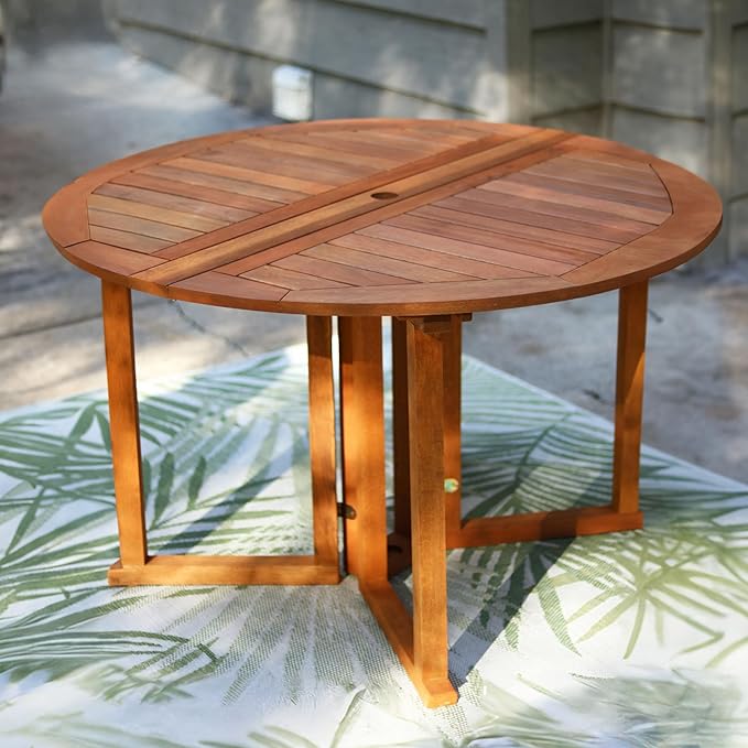 Sunnydaze Malaysian Wood Folding Patio Table - Space-Saving Gateleg Table with Umbrella Hole for Outdoor Dining & Gatherings - Teak Oil Finish