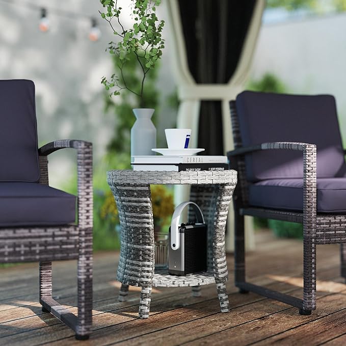 Outsunny 18" Outdoor Wicker Coffee Table, 2-Tier Patio Side Table with Storage, PE Rattan Outdoor Coffee Table with Composite Wood Top, Steel Frame for Garden Backyard Balcony, Mixed Gray