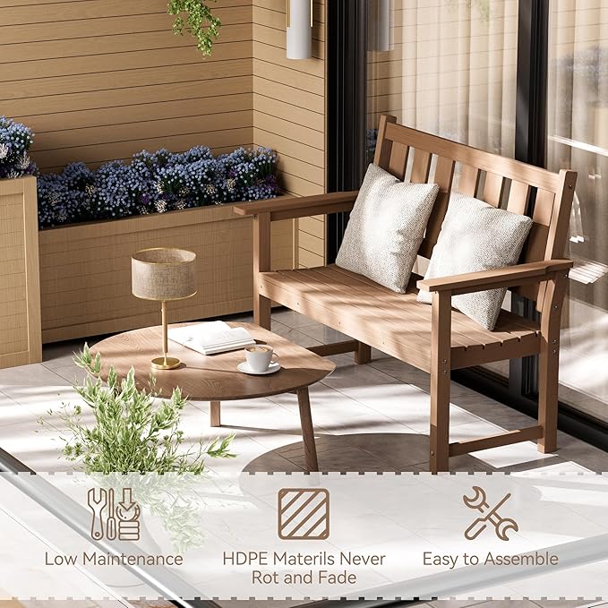 HDPE Outdoor Bench – 50'' Weatherproof Durable Garden Bench, 2-Person Park Bench, Multi-Purpose Design Ideal for Porch, Patio, Church, and School (Brown)