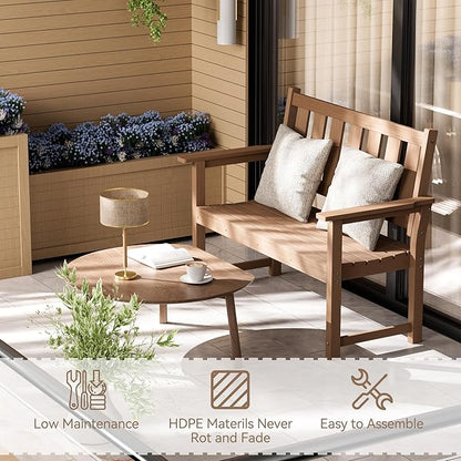 HDPE Outdoor Bench – 50'' Weatherproof Durable Garden Bench, 2-Person Park Bench, Multi-Purpose Design Ideal for Porch, Patio, Church, and School (Brown)