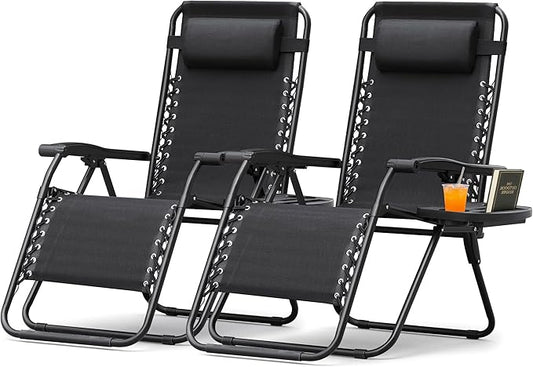 Devoko Patio Zero Gravity Chair Outdoor Free Folding Adjustable Chaise Lounge Chairs Beach Pool Side Using Reclining with Pillow Set of 2 (Black)