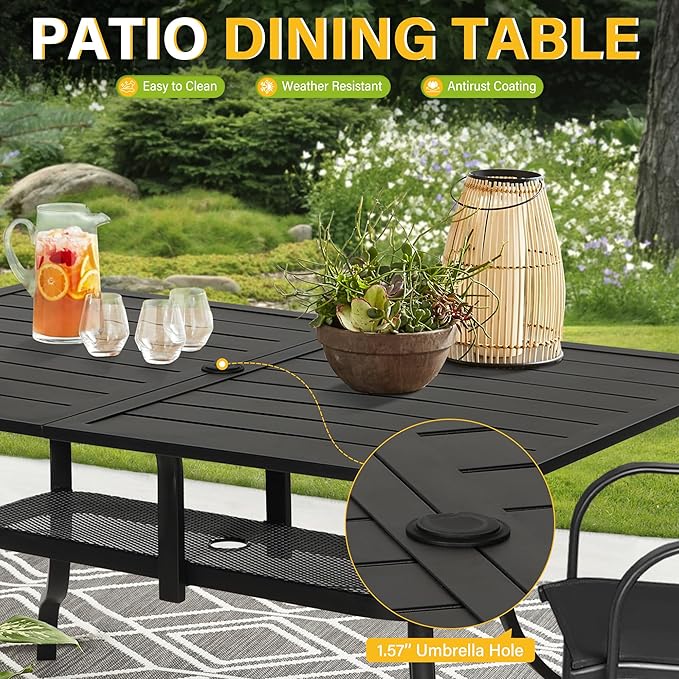Betterland Patio Rectangular Dining Table 60" x 37" Outdoor Metal Steel Frame & Slat Tabletop with 1.57" Umbrella Hole - Photo 5