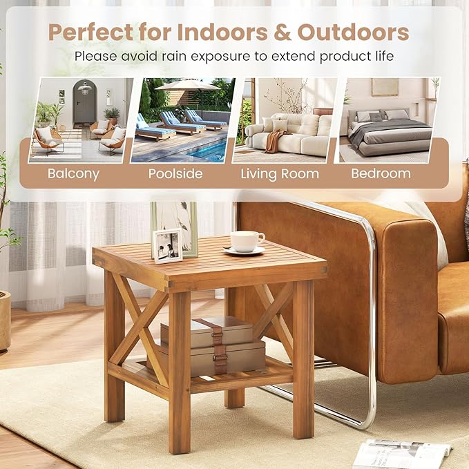 Tangkula Outdoor Side Table, 2-Tier Acacia Wood Adirondack Bistro Small Square Patio Table with Slatted Tabletop & - Photo 9